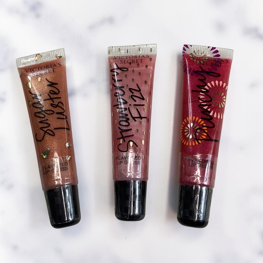 Victorias Secret Flavored Lip Gloss Trio Sugar Luster Strawberry Fizz Punchy NEW